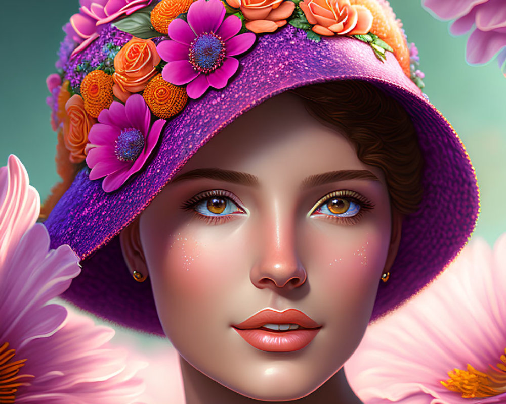 Detailed Digital Portrait of Woman in Purple Hat with Flowers and Pink Petals