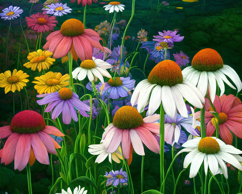 Colorful Flower Garden with Pink, Yellow, and White Blooms