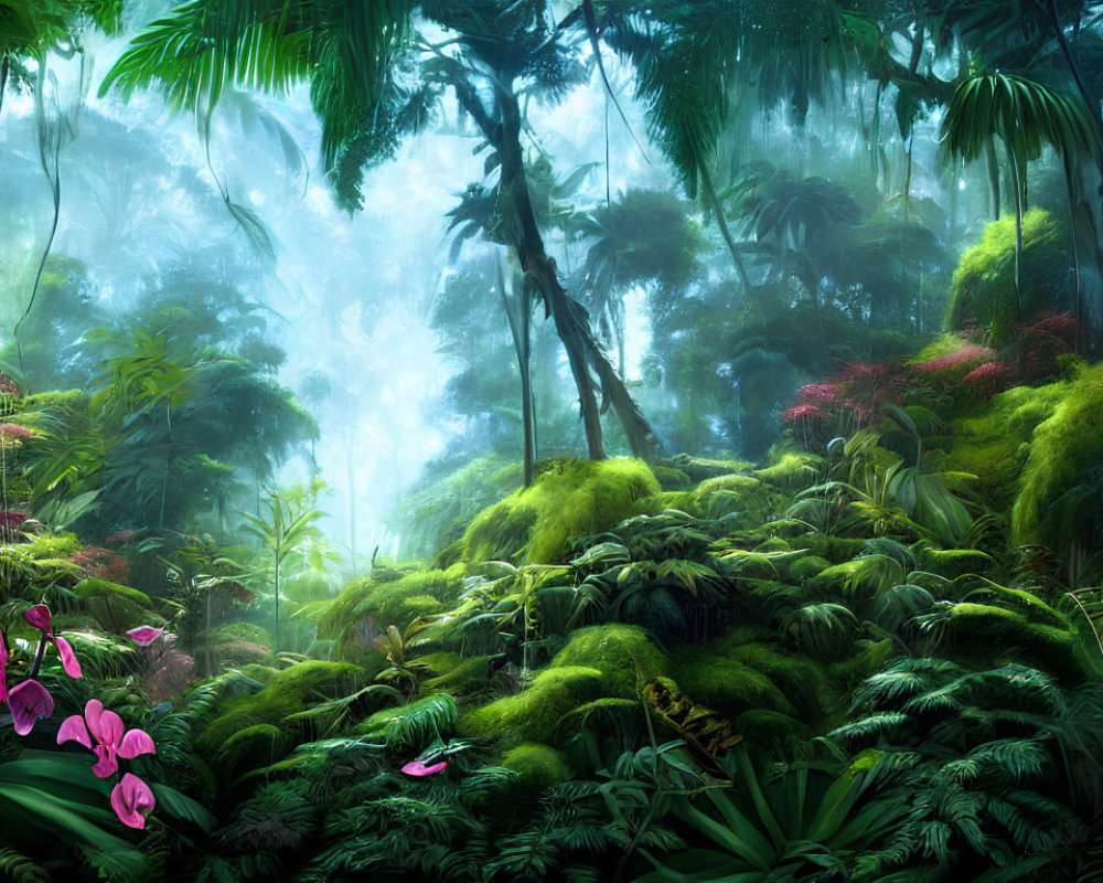 Lush vibrant rainforest with dense green foliage and colorful flowers