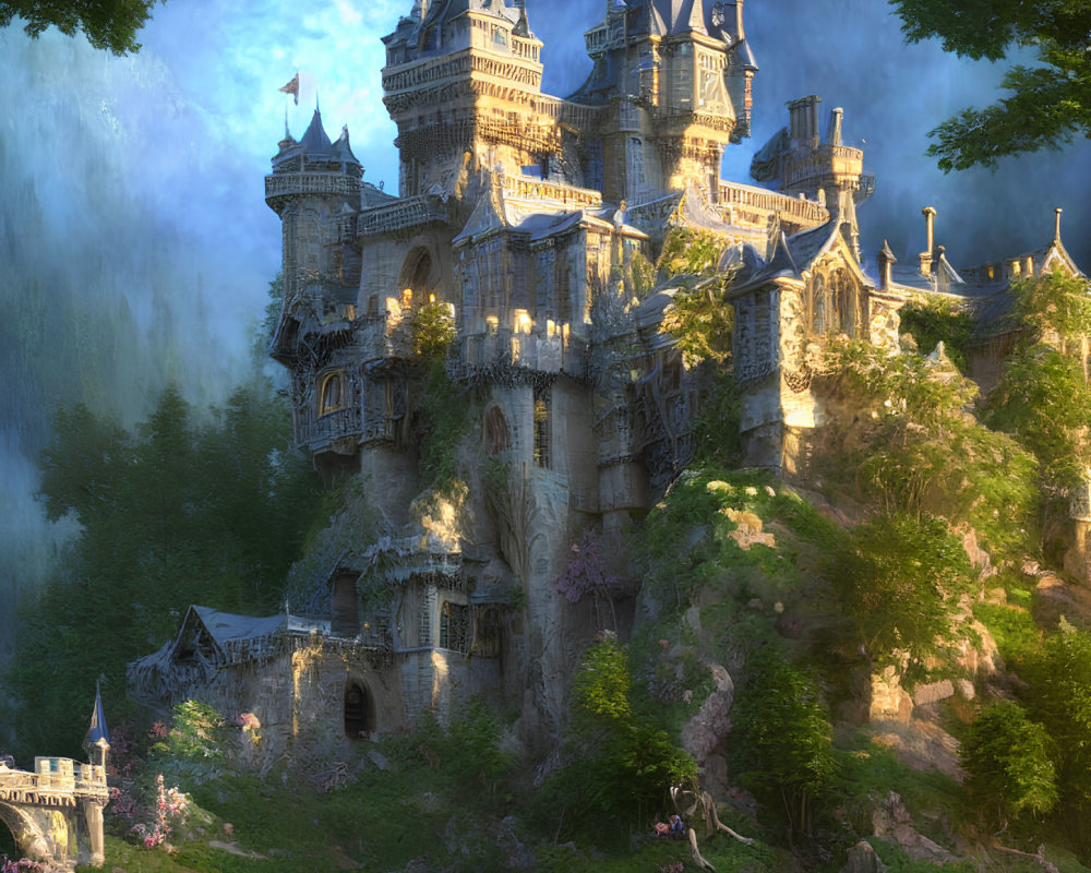 Majestic fairy tale castle in tranquil forest with towers and calm lake