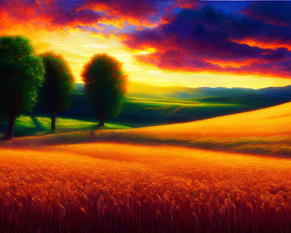 Vivid sunset over wheat field with silhouetted trees