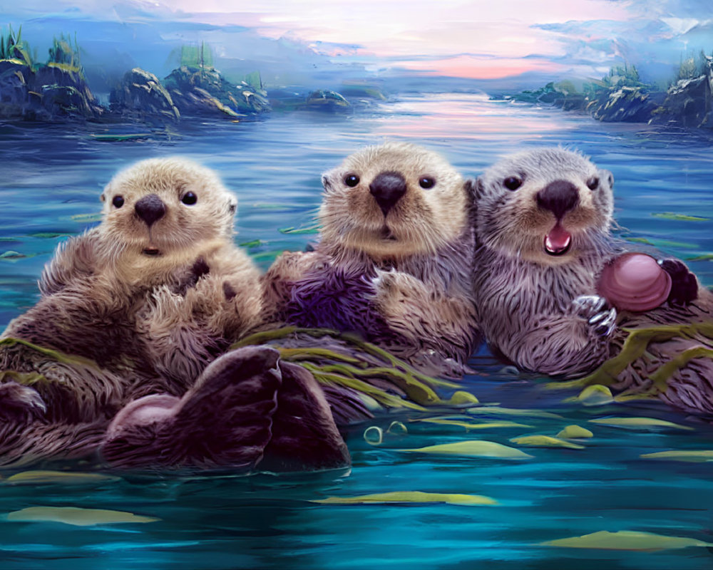 Three otters in serene sunset scene with water and mountains