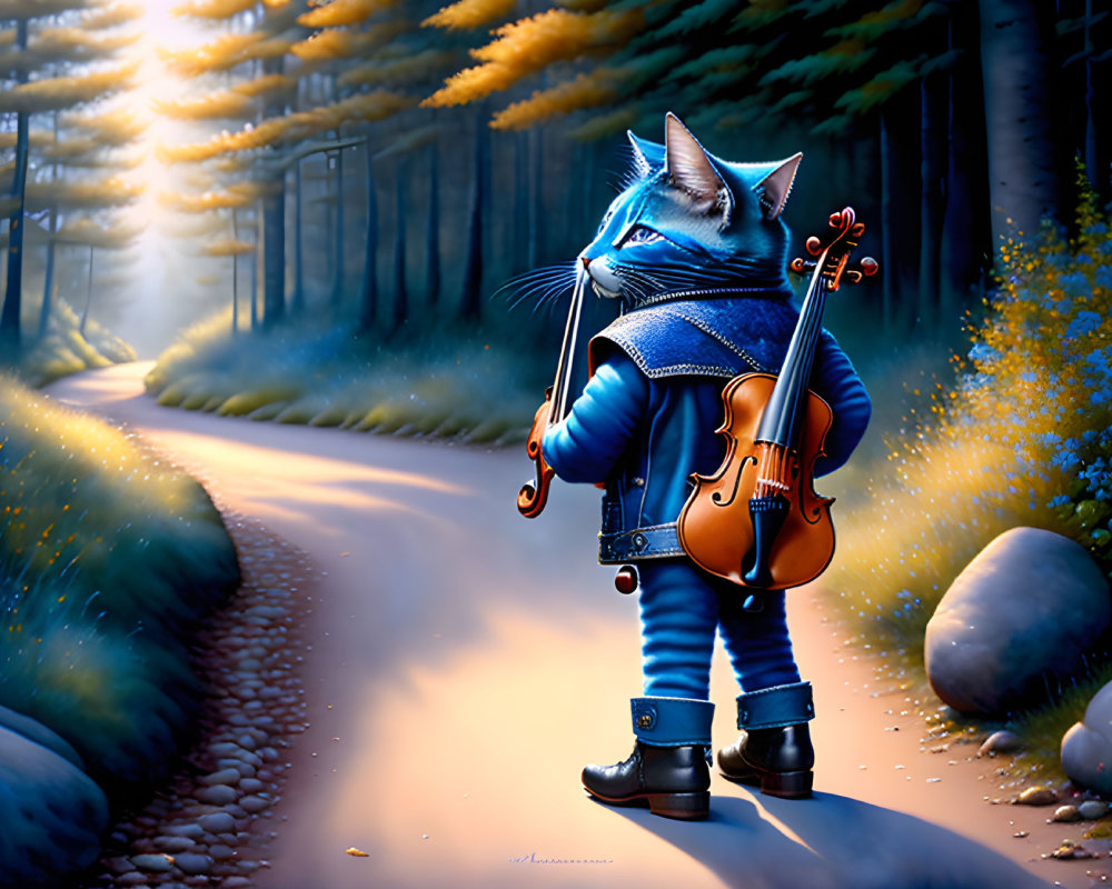 Anthropomorphic cat in denim jacket holding violin in misty forest scene