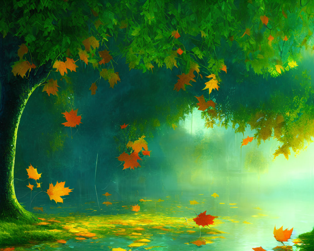 Serene forest scene with green and orange leaves on water surface