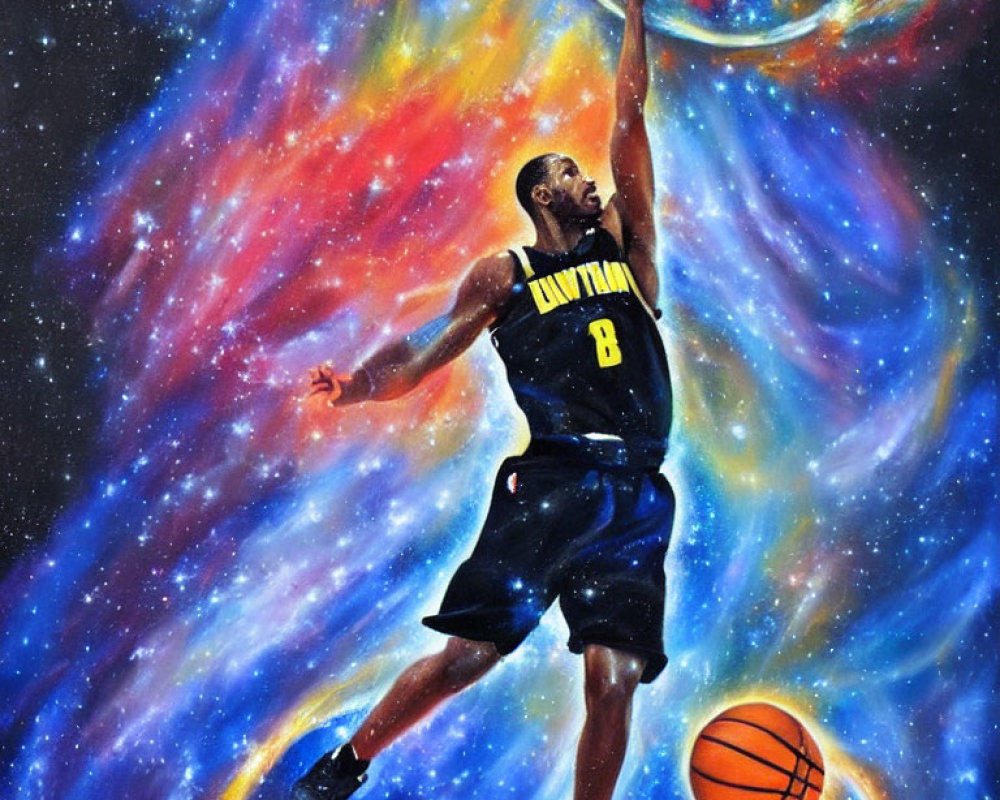 Colorful Basketball Player Artwork Against Cosmic Space Background