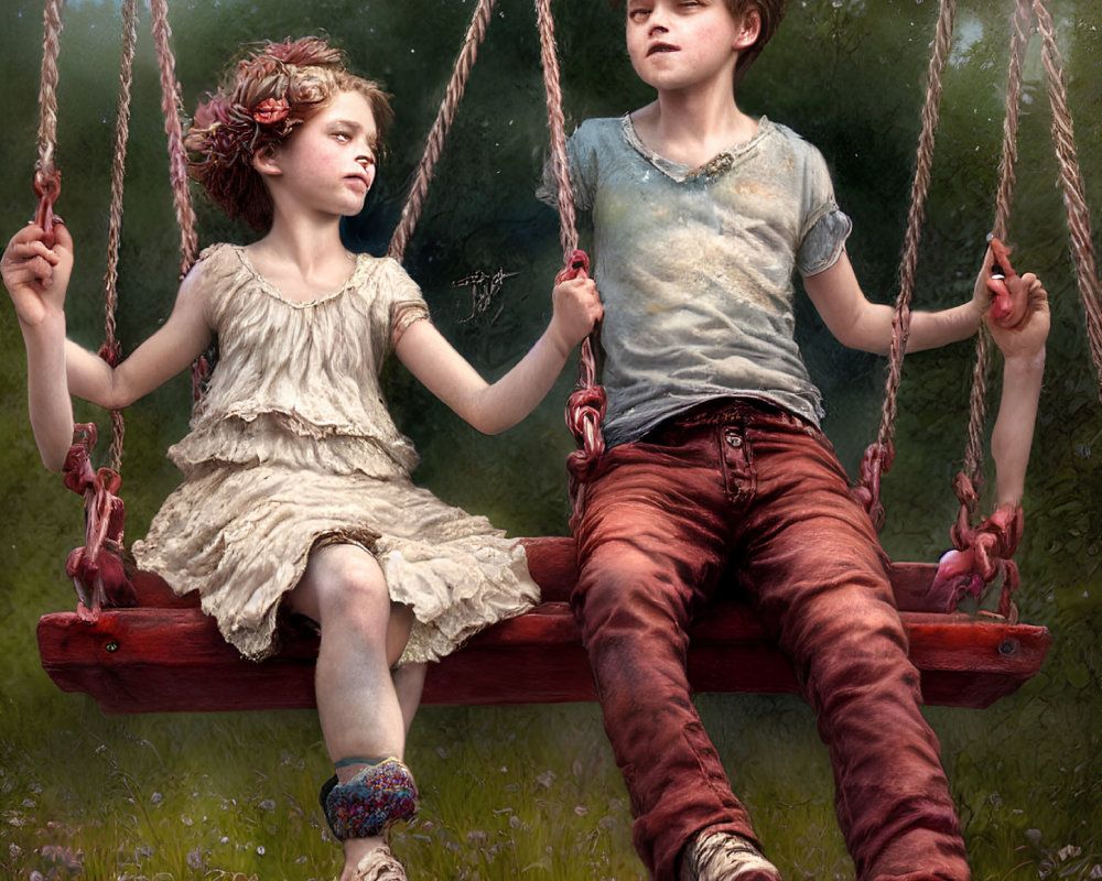 Children on old swing in greenery with vintage look