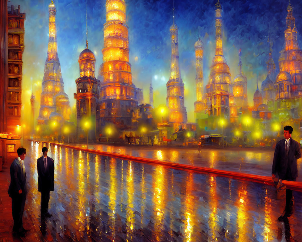 Three people walking in vibrant cityscape with tall spires and warm lighting