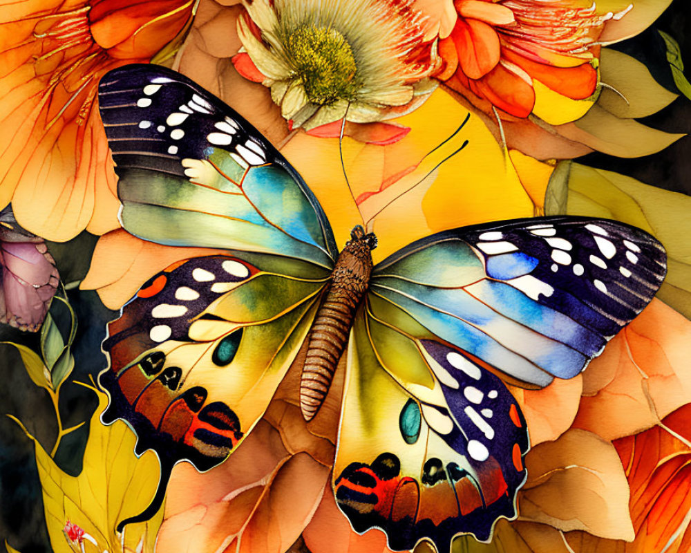 Colorful Butterfly Watercolor Painting on Orange Flowers