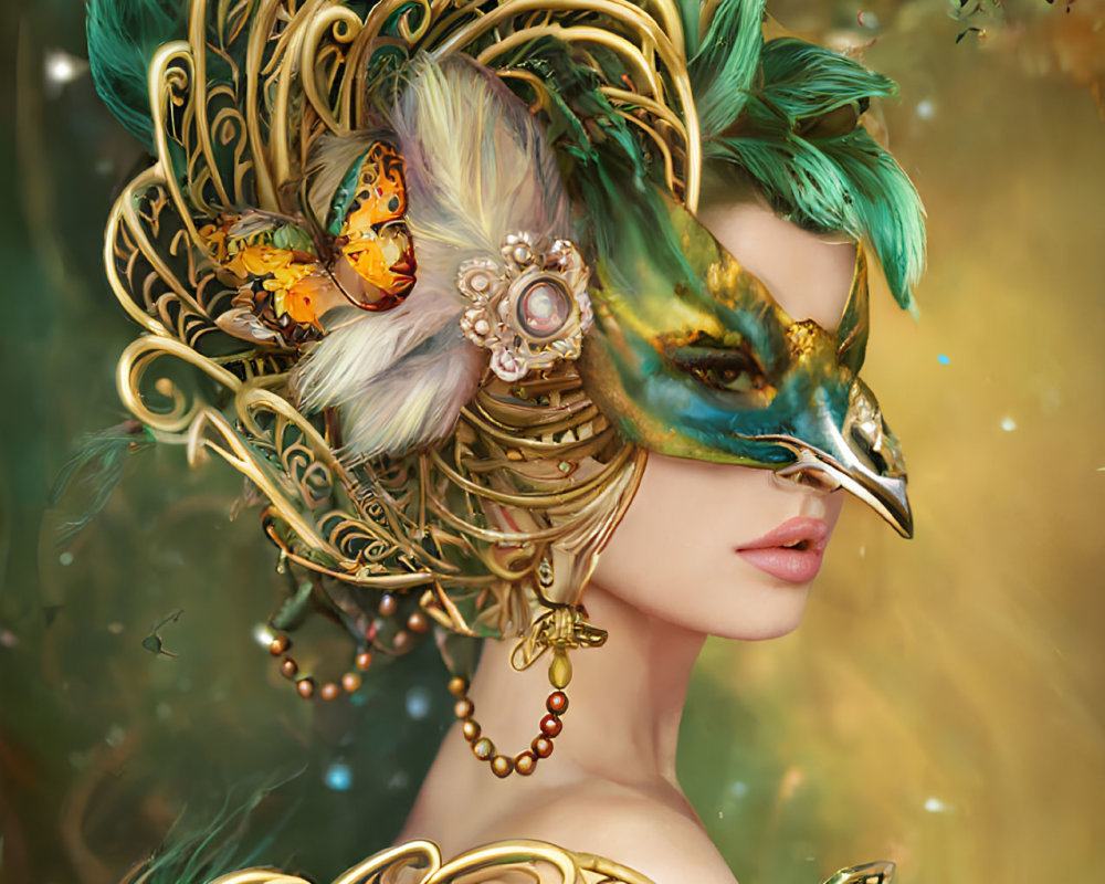 Elaborate Bird-Themed Mask and Headpiece with Feathers and Pearls