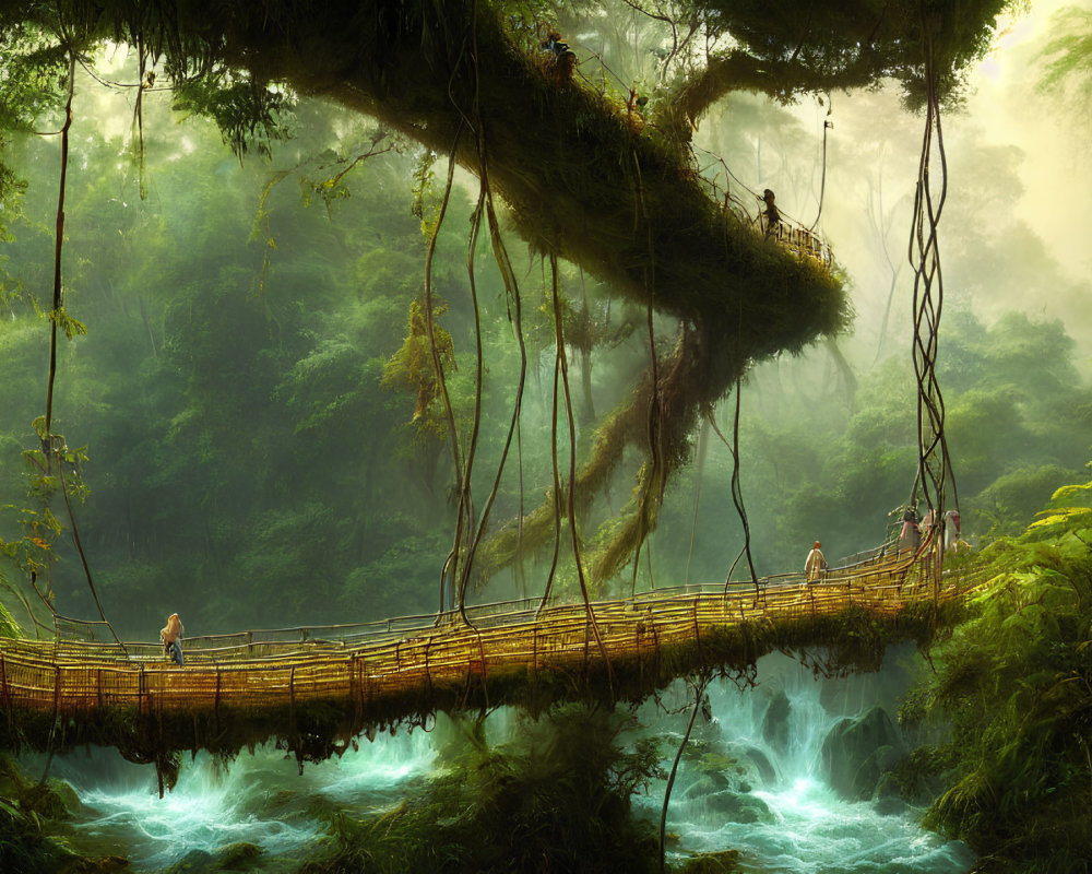 Ethereal jungle scene with mist, suspension bridge, and lush trees