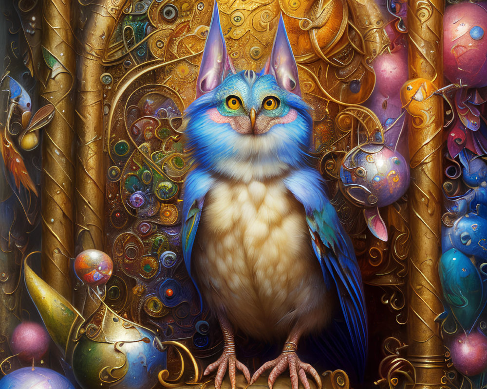 Colorful anthropomorphic owl painting with blue feathers and golden patterns