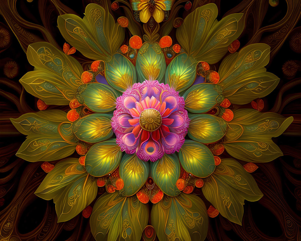 Symmetrical fractal flower in vibrant green, orange, and purple hues