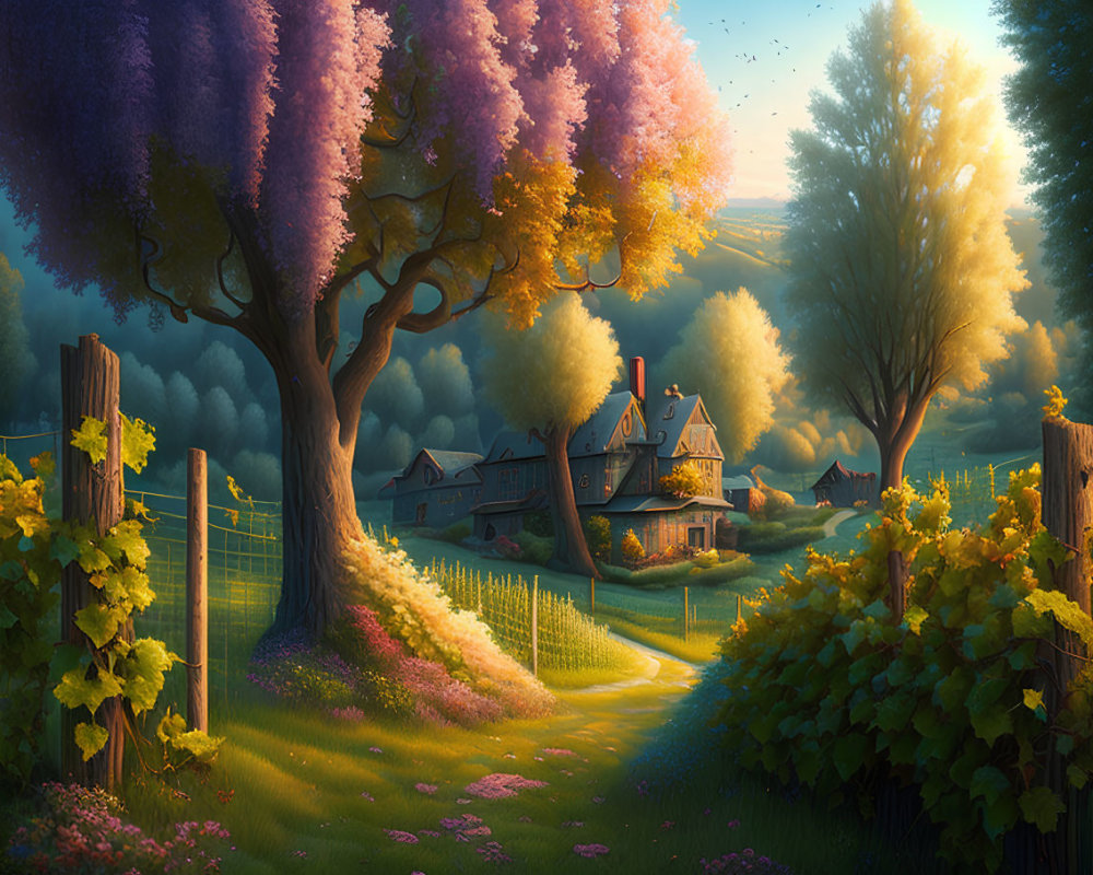 Cottage in Vineyard with Twilight Sky and Colorful Trees