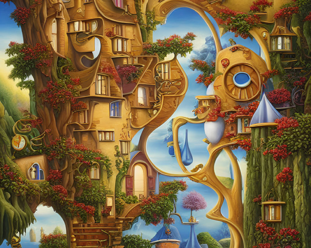 Whimsical fairytale painting of vibrant tree-houses