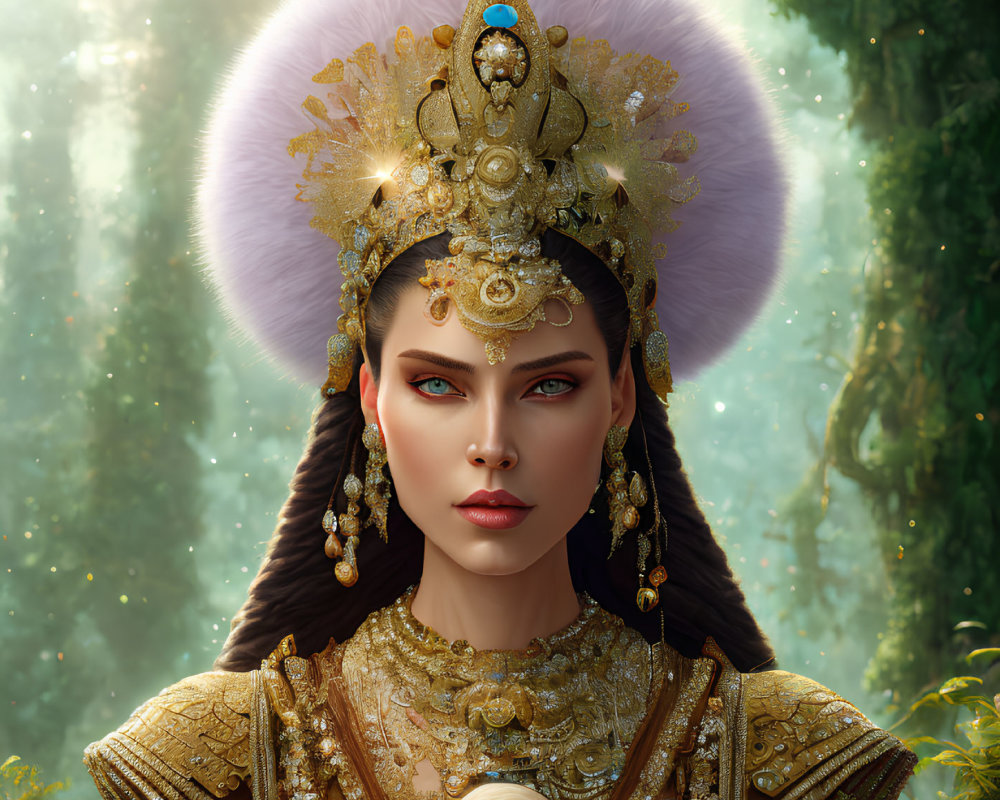 Intricate golden headgear and detailed embroidery on regal woman against serene forest.