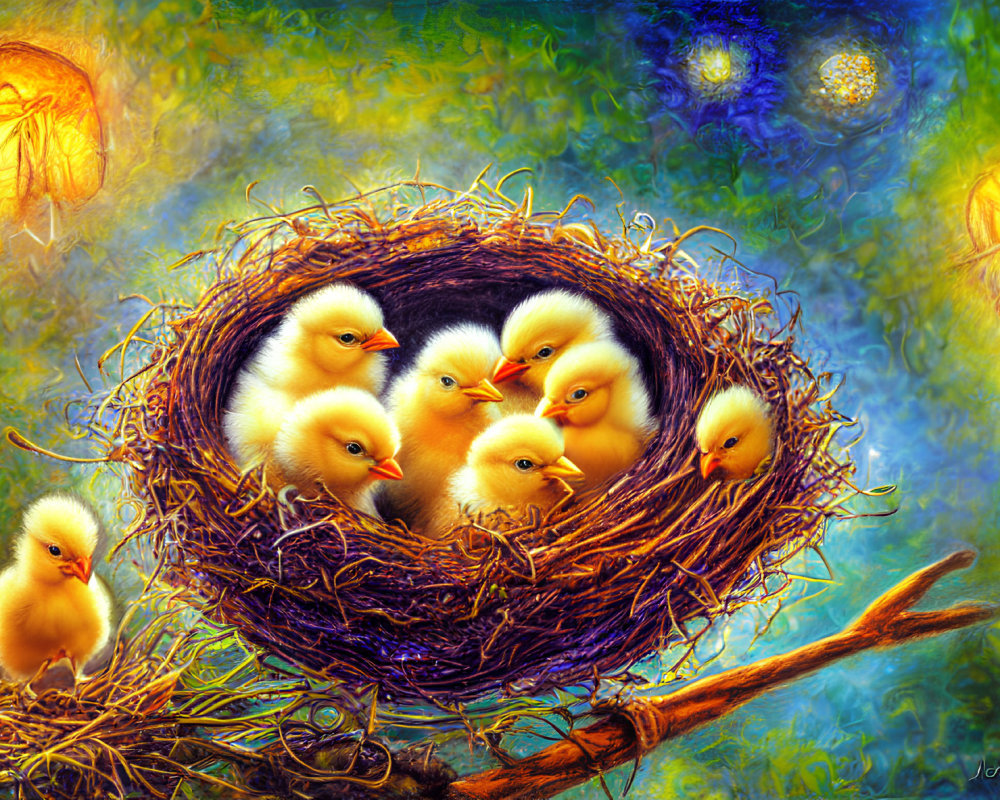 Colorful Digital Artwork: Seven Fluffy Chicks in Nest