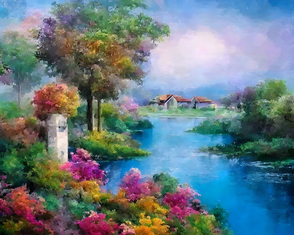 Impressionist-style painting of tranquil river landscape