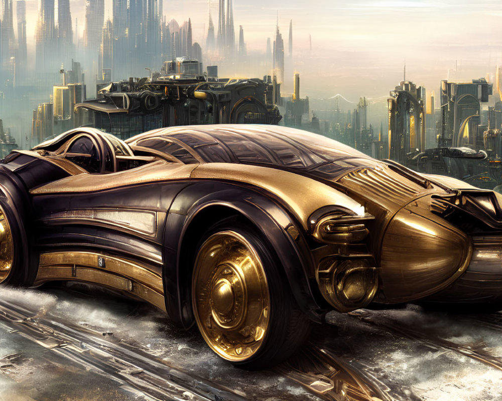 Futuristic gold-colored car on road with high-tech cityscape background