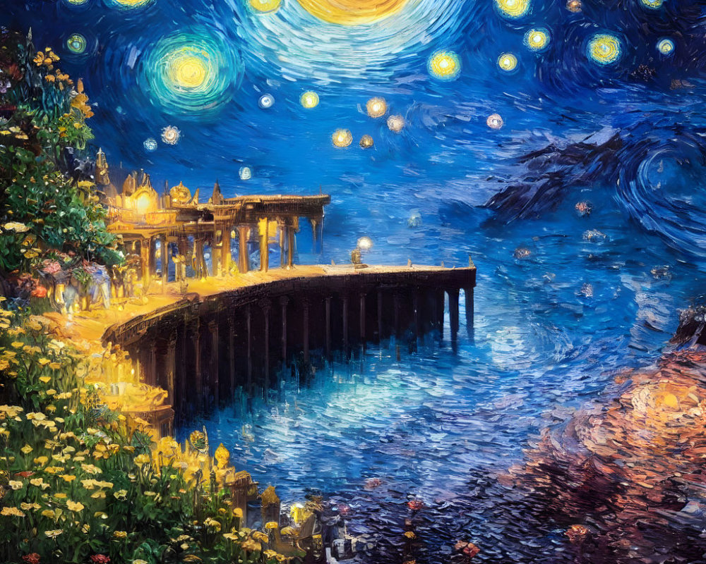 Colorful Starry Night Painting with Pier and Floral Foreground