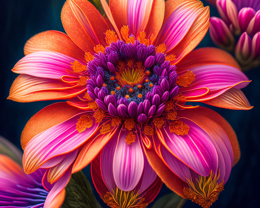 Vivid digital artwork of orange flower with purple details