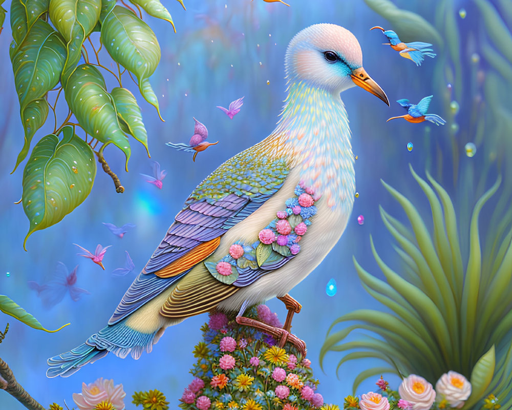 Colorful fantastical bird perched on blossom in lush greenery