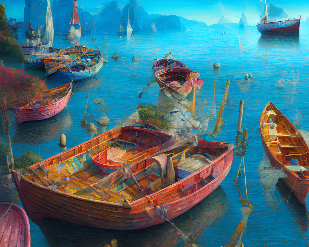 Tranquil Harbor Scene with Colorful Boats, Misty Mountains, and Sunny Sky