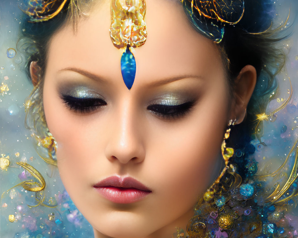 Elaborate Golden Head Jewelry on Woman in Digital Portrait