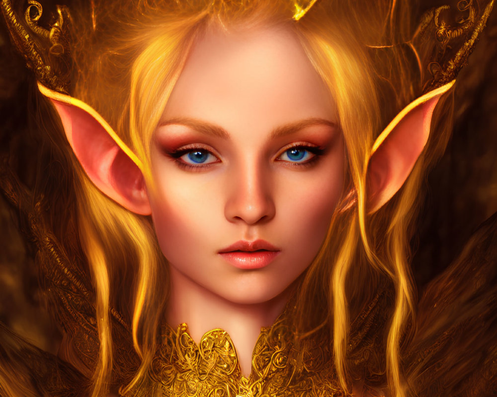 Fantasy illustration of female with pointed ears and blue eyes