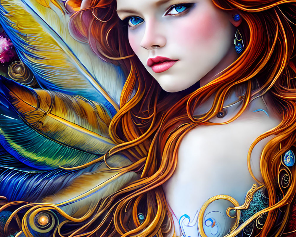 Colorful digital artwork of a woman with flowing red hair and stylized feather designs