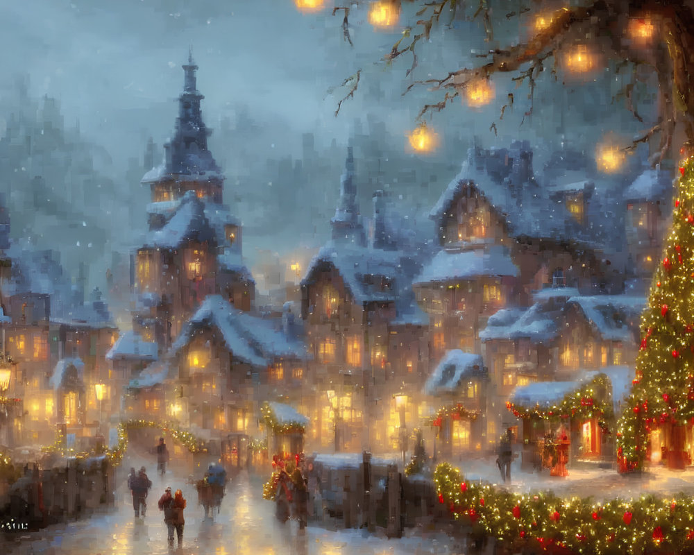 Snow-covered Christmas village with glowing decorations and festive atmosphere