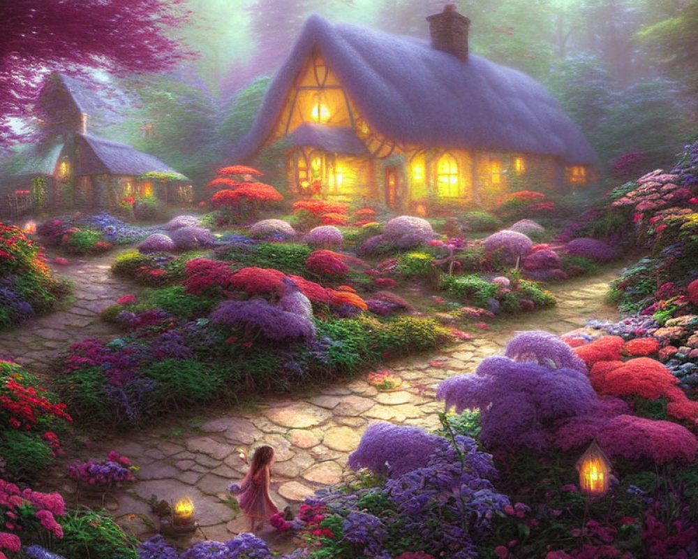 Cozy cottage in lush garden under misty forest light