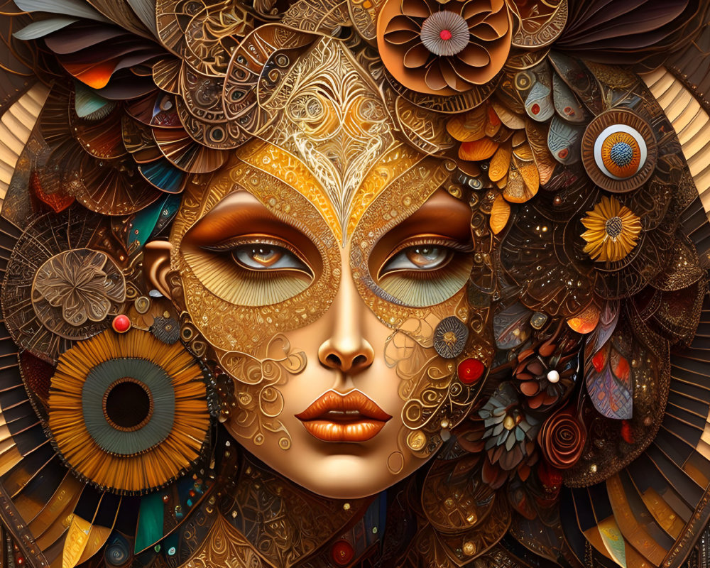 Detailed steampunk-inspired woman's face illustration in bronze and gold tones