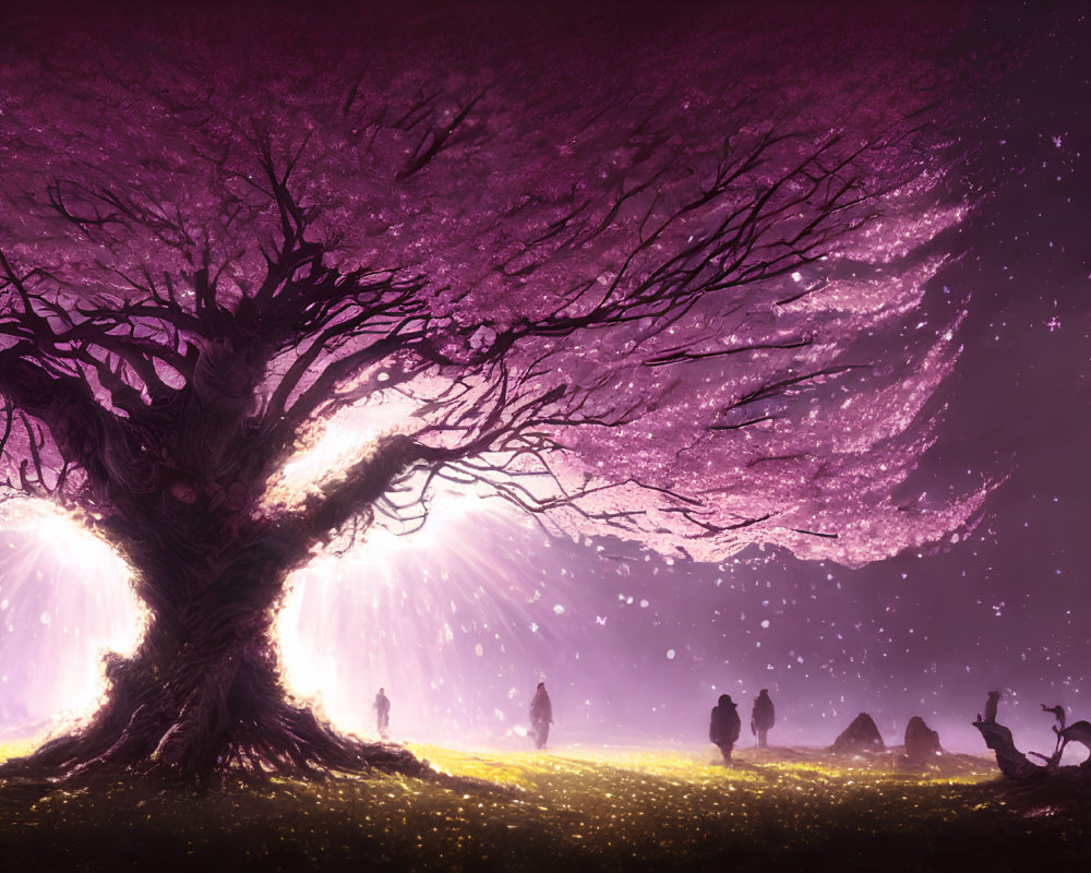 Fantasy landscape with massive purple tree and glowing lights