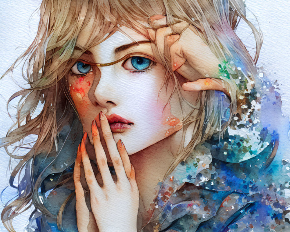 Girl with Tousled Hair and Blue Eyes Watercolor Illustration