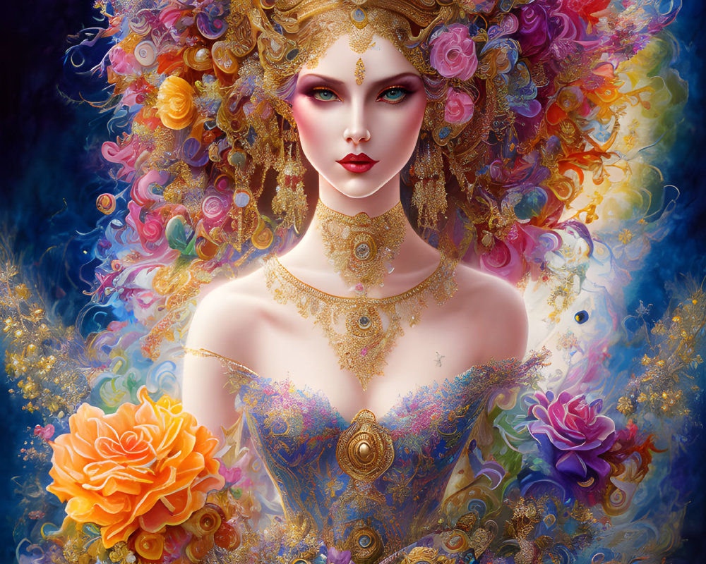 Colorful digital illustration: Woman with golden headdress and floral background