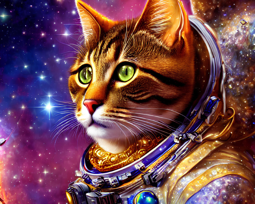 Cat in Space Helmet on Cosmic Background with Stars and Nebulae