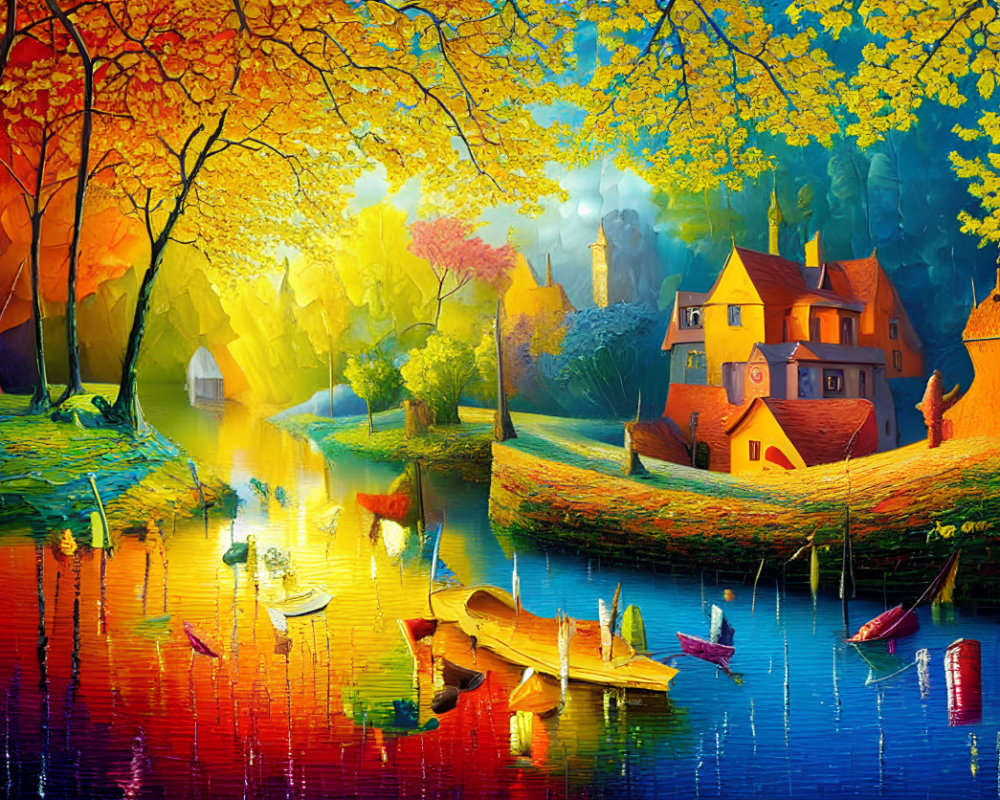 Colorful Painting: Riverside Scene with Golden Trees, House, Boats, and Swans