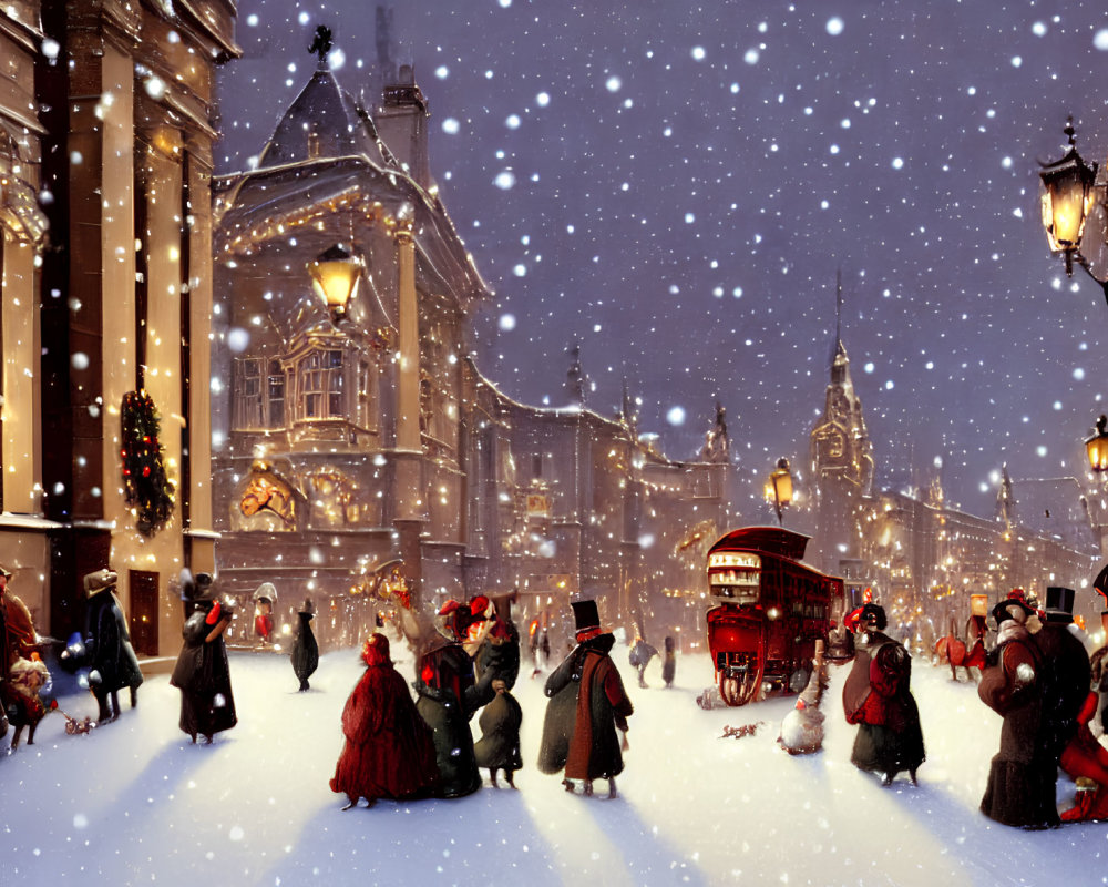 Victorian Christmas street scene with snow, bus, and decorations