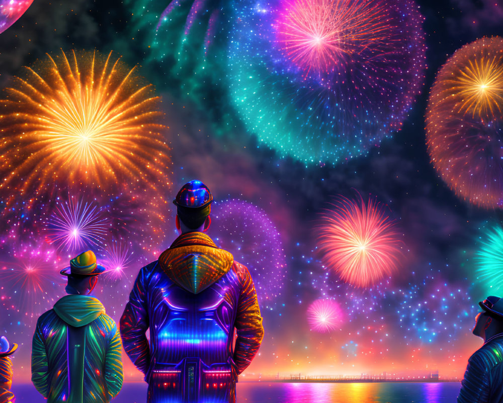 Night Sky: People in Illuminated Clothing Enjoying Vibrant Fireworks Reflecting on Water