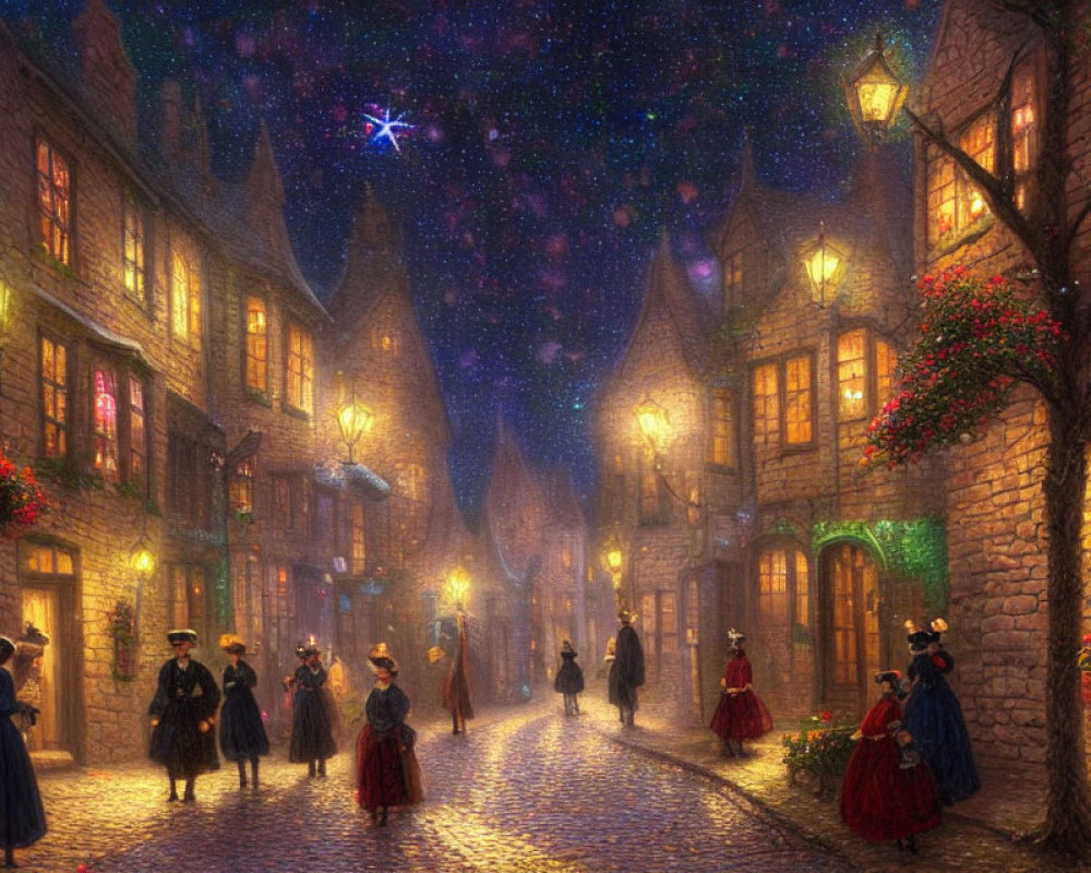 Period attire figures in starlit cobblestone street with quaint buildings and hanging florals