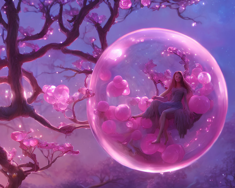 Whimsical artwork of woman in bubble with pink tree under purple sky