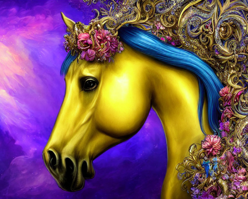 Golden horse with blue mane in ornate armor on purple nebula.