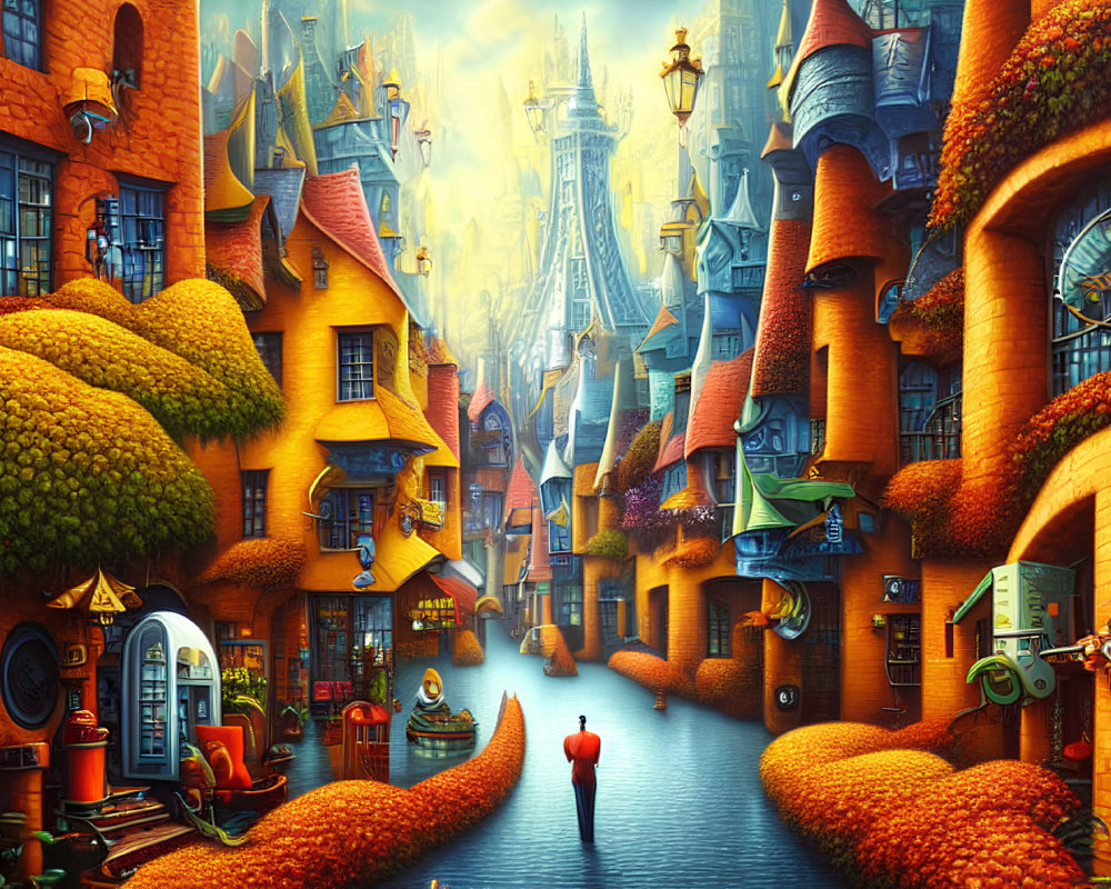 Whimsical fantasy cityscape with orange buildings, cobblestone paths, autumnal trees, and