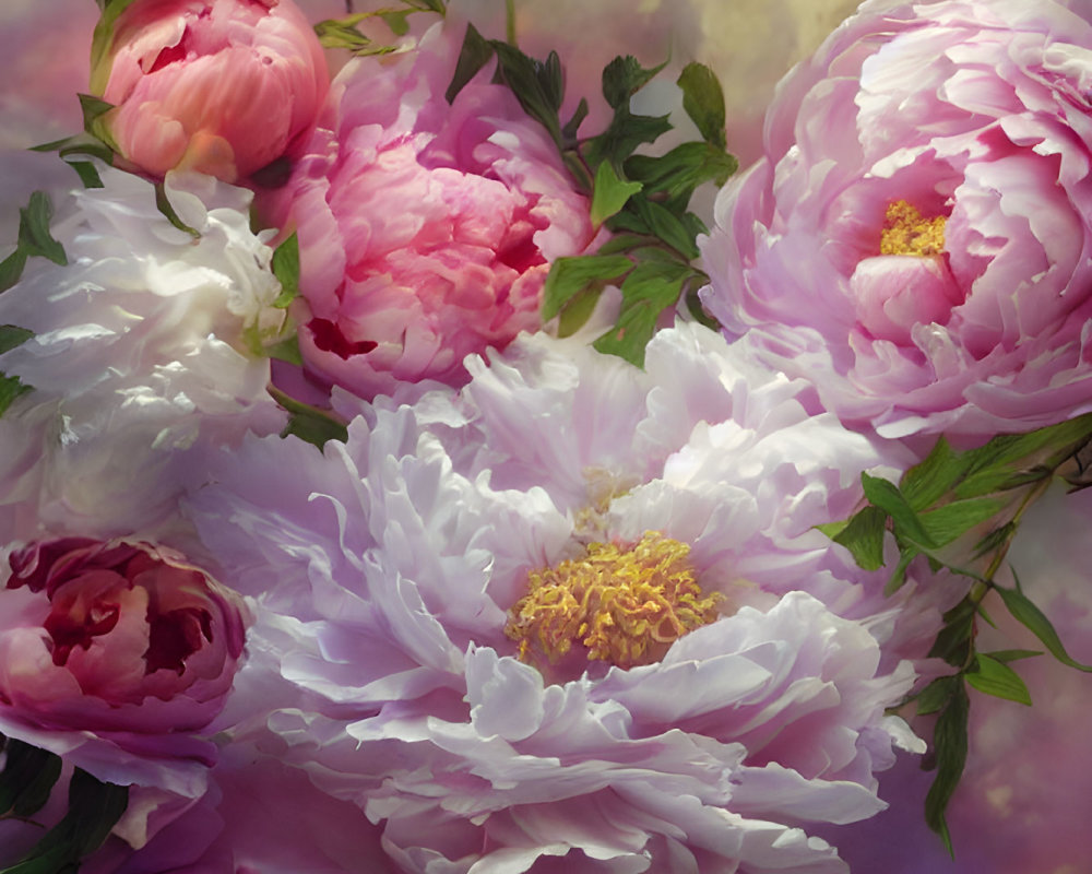 Vibrant pink and white peonies against dreamy background