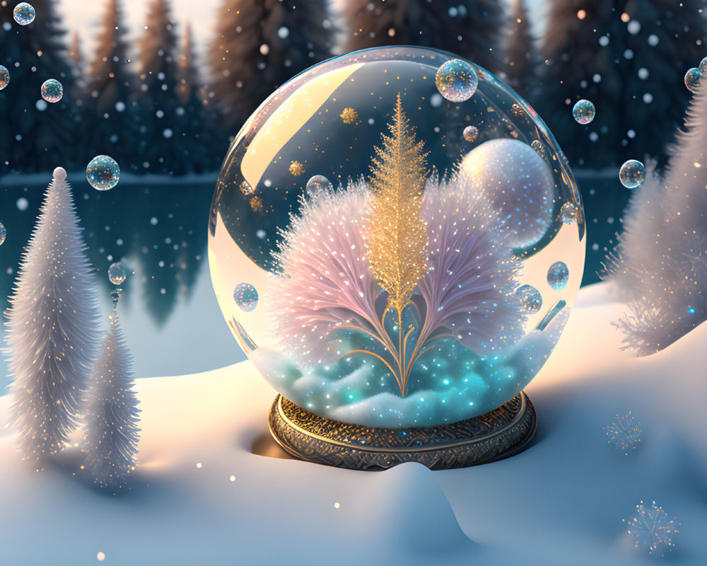 Snow Globe with Sparkling Tree in Winter Scene