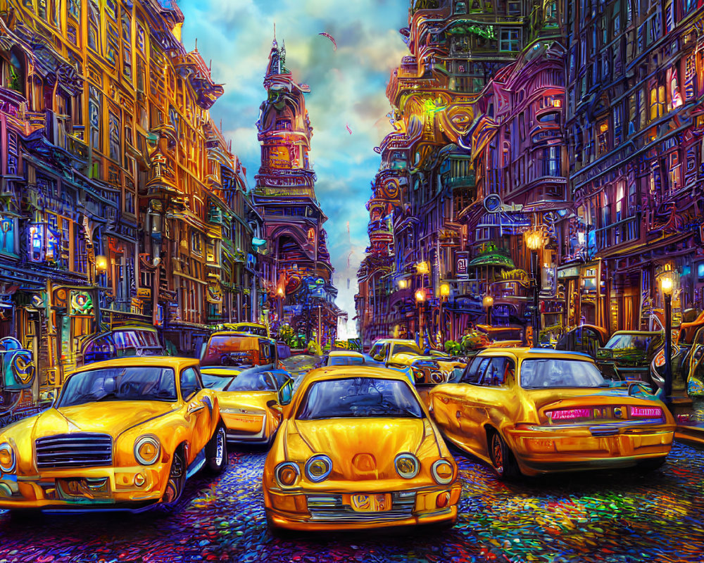 Colorful city street scene with yellow taxis under twilight sky