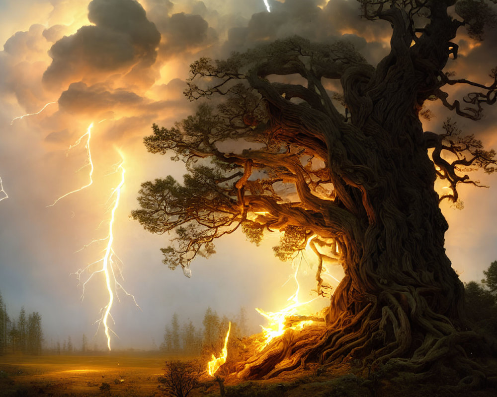 Ancient tree in stormy sky with lightning bolts striking forest