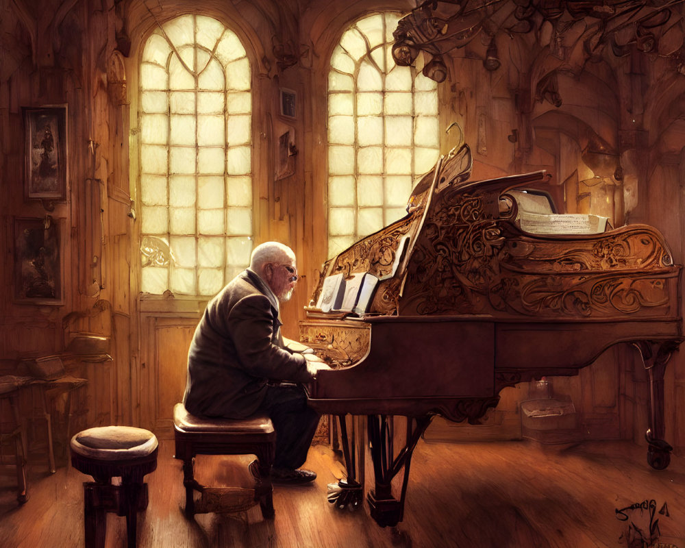 Elderly Person Playing Grand Piano in Sunlit Room