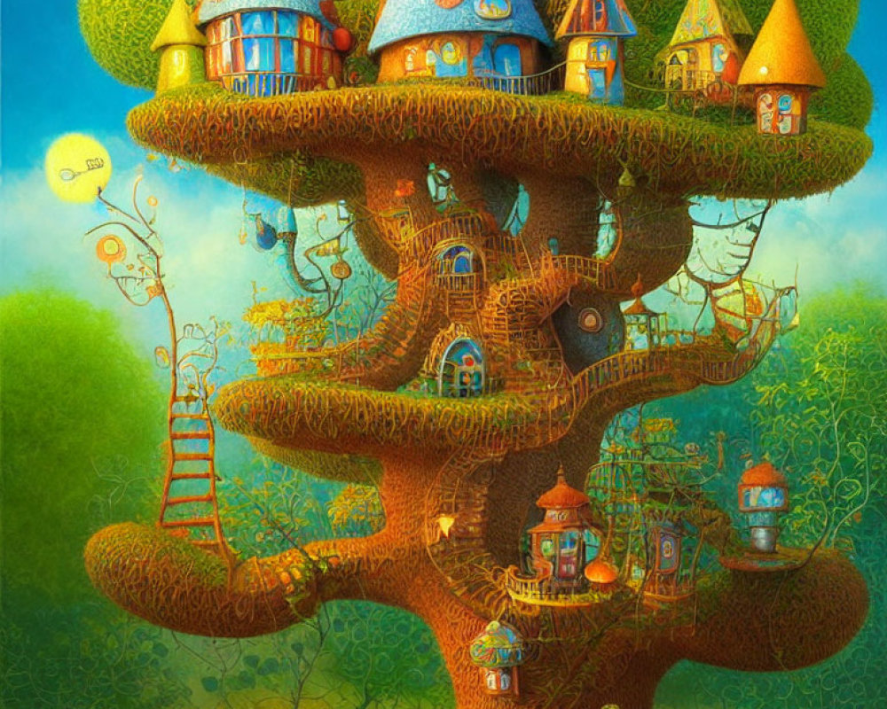 Illustration of Giant Tree with Mushroom Houses in Lush Green Setting