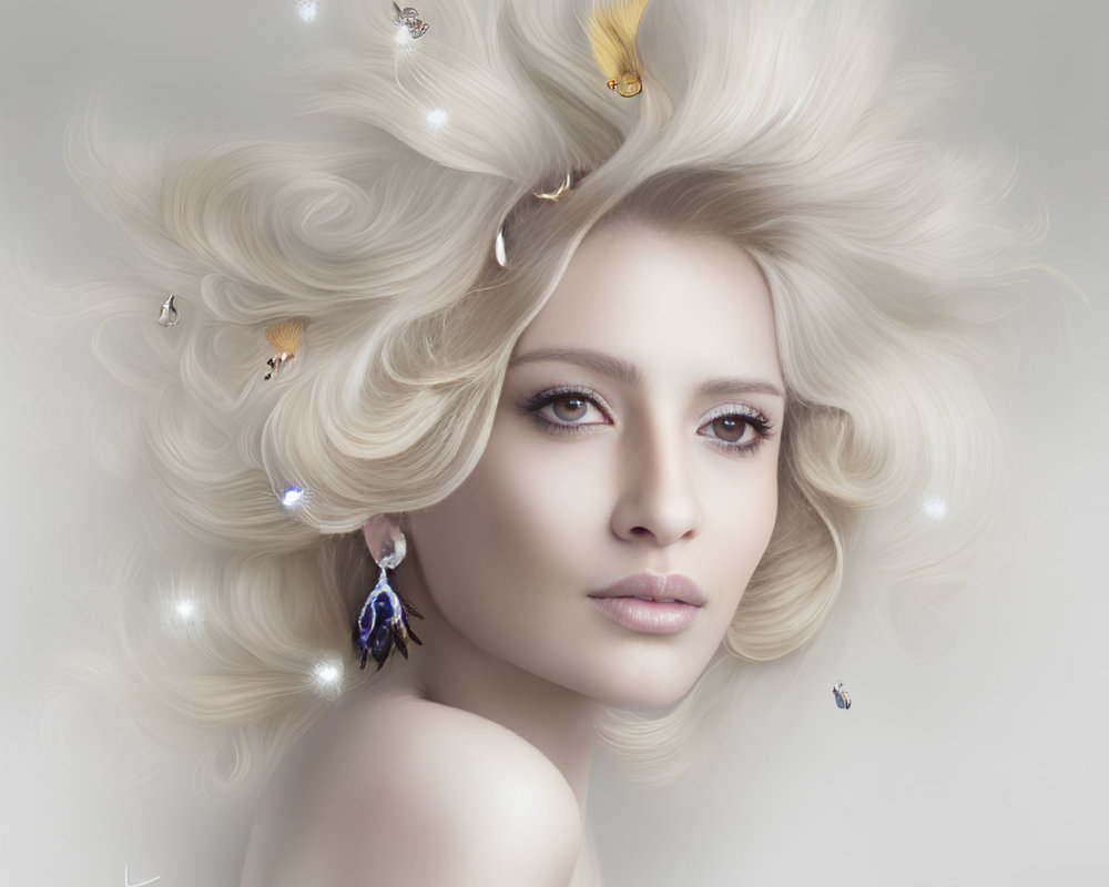 Blond woman portrait with sparkling butterflies on light background